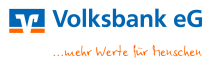 Logo der Volksbank eG mit blauem Text, orangem V-Symbol und dem Slogan „…mehr Werte für Menschen".