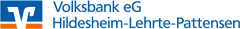 Logo der Volksbank eG Hildesheim-Lehrte-Pattensen: stilisiertes „V" in Weiß auf blau-orangem Hintergrund, blauer Schriftzug rechts.