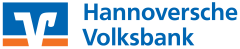 Logo der Hannoversche Volksbank: blaues Quadrat mit weißem „V" und orangem Balken, daneben blauer Schriftzug.