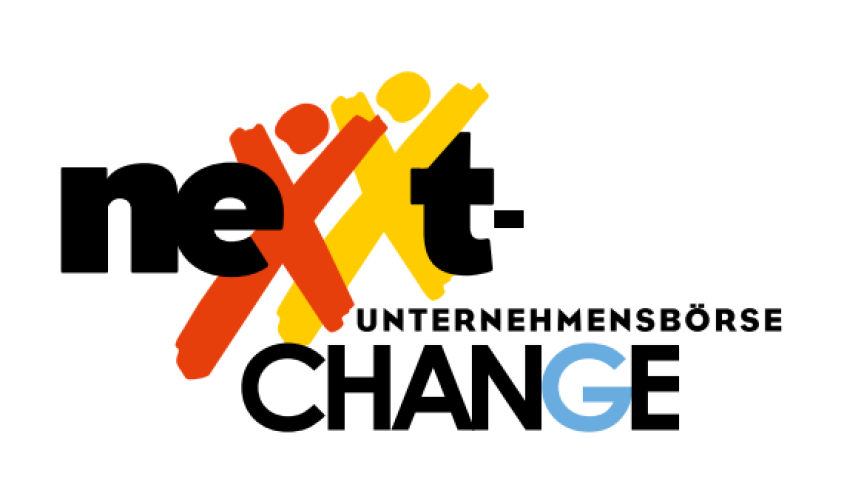 Logo „nexxt-change Unternehmensbörse" mit stilisierten Figuren in Orange, Rot und Gelb, die ein X formen.